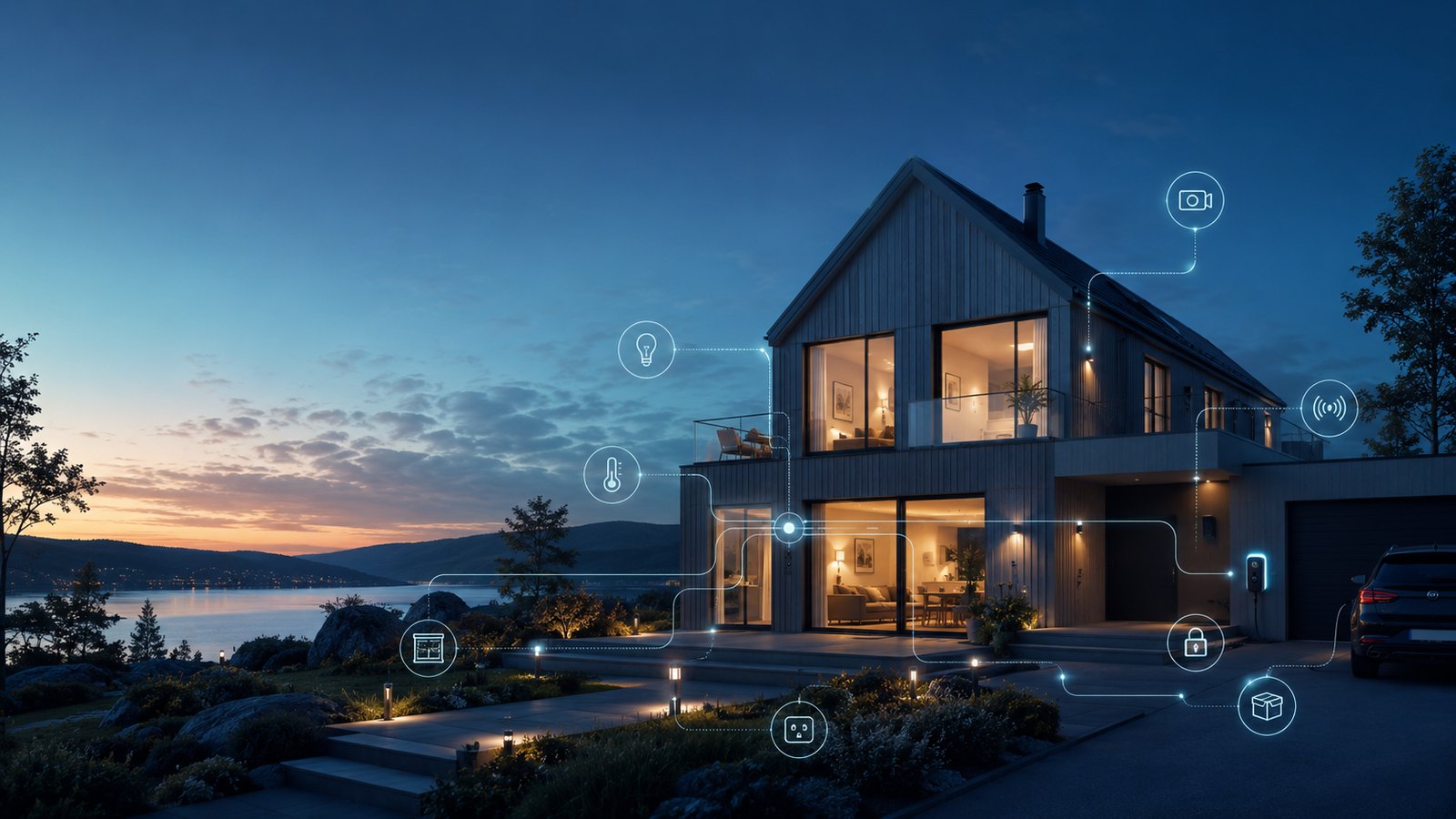 A modern connected smart home at dusk